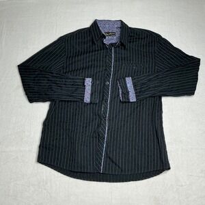 DaVinci Mens Dress Shirt Black Pinstripe Paisley Trim Button Up XL Cotton